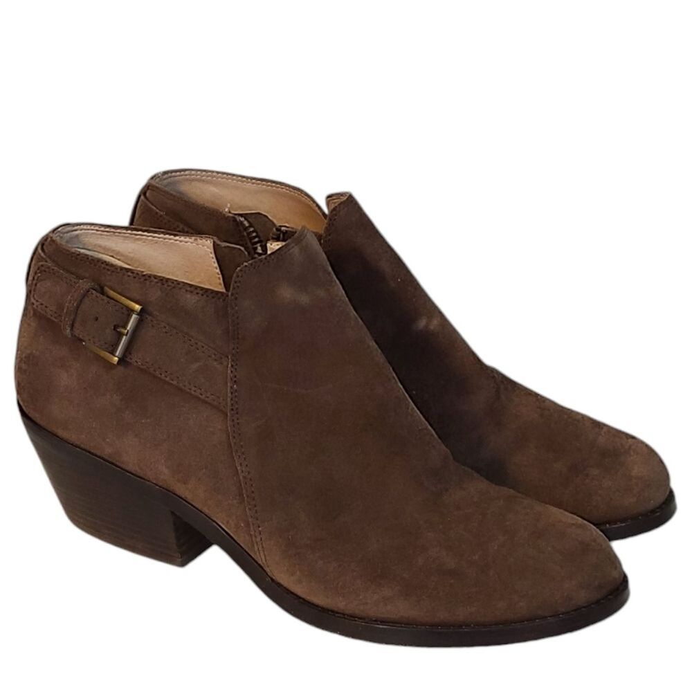 Eileen Fisher Brown Suede Ankle Boots 10 Vero Cuoio Side Buckle Zip Block Heel